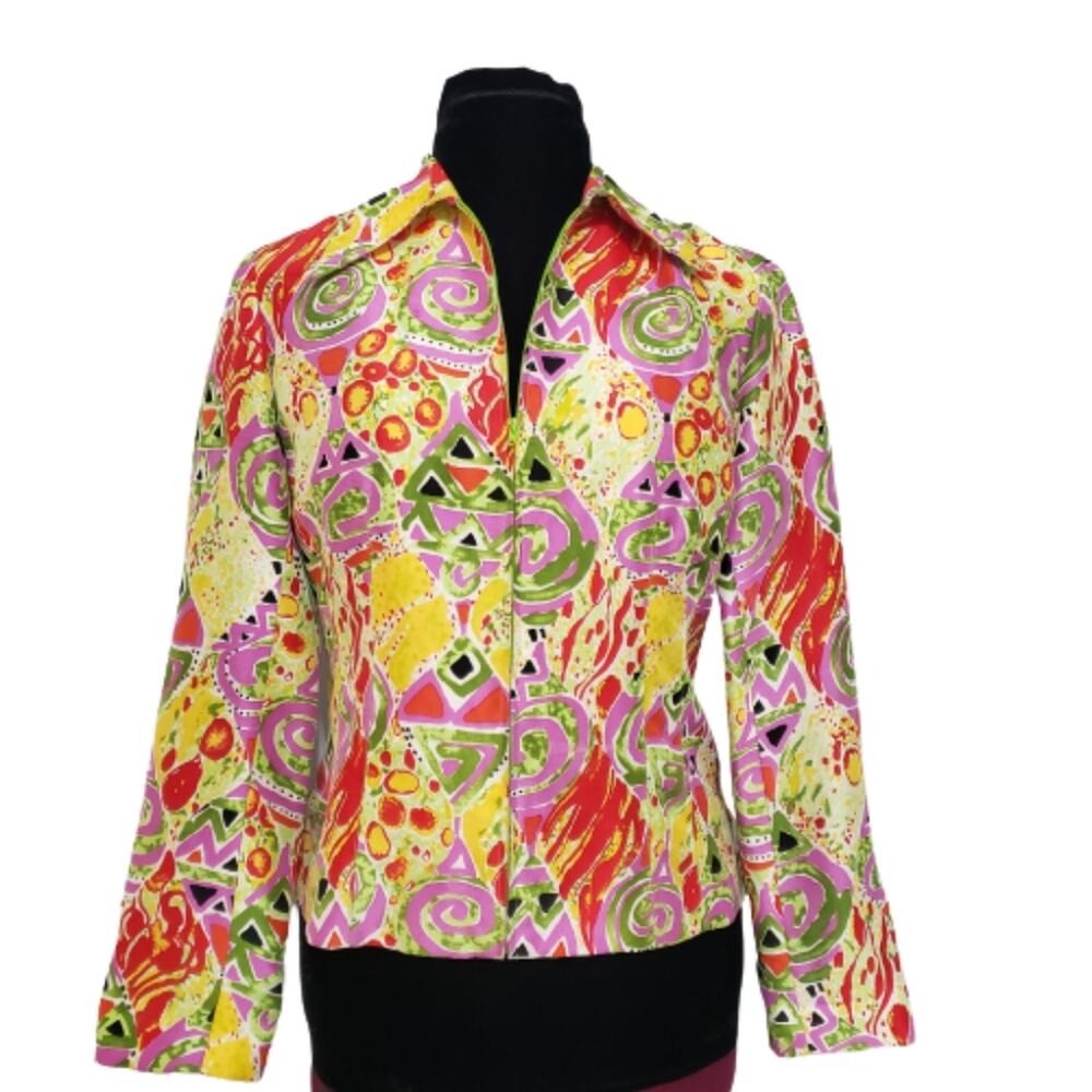 100% Silk‎ Vibrant Colors Full Zip Abstract Print Suit Jacket Blazer 10 Artsy